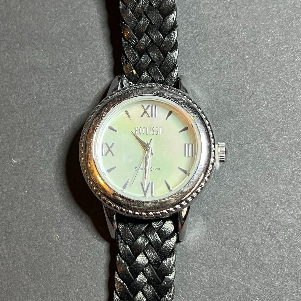 Ecclissi Ladies Sterling Silver Mother of Pearl Black Woven Leather Band Watch